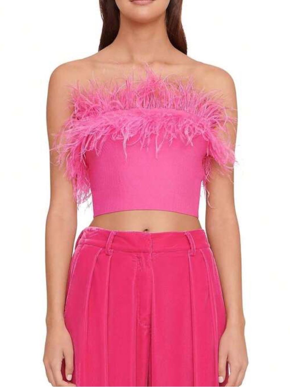 STAUD Bright Pink Feather-Trim Strapless Top